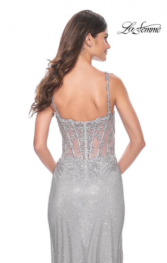 Picture of: Rhinestone Fishnet Dress with Lace Detail on Sheer Bodice in Silver, Style: 32232, Detail Picture 4