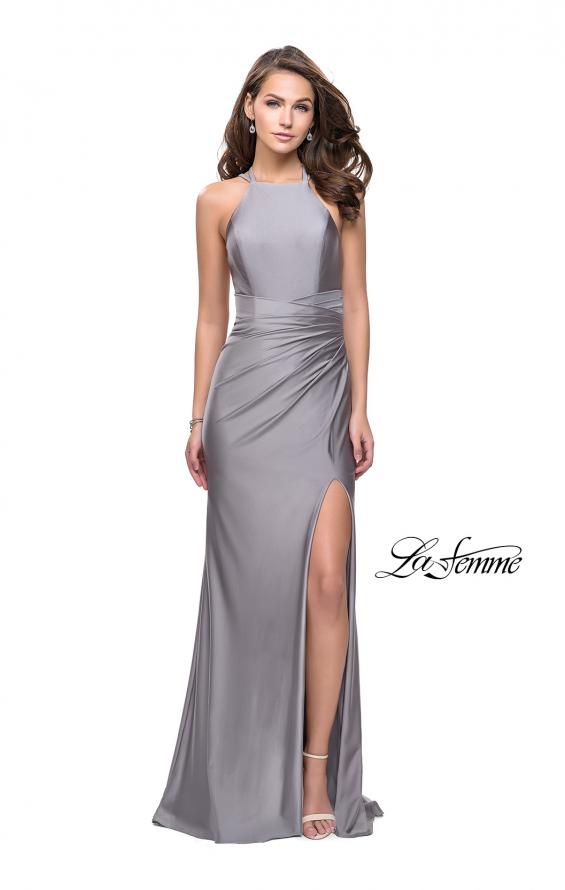 Picture of: High Neck Long Form Fitting Gown with Ruching in Silver, Style: 26141, Detail Picture 5