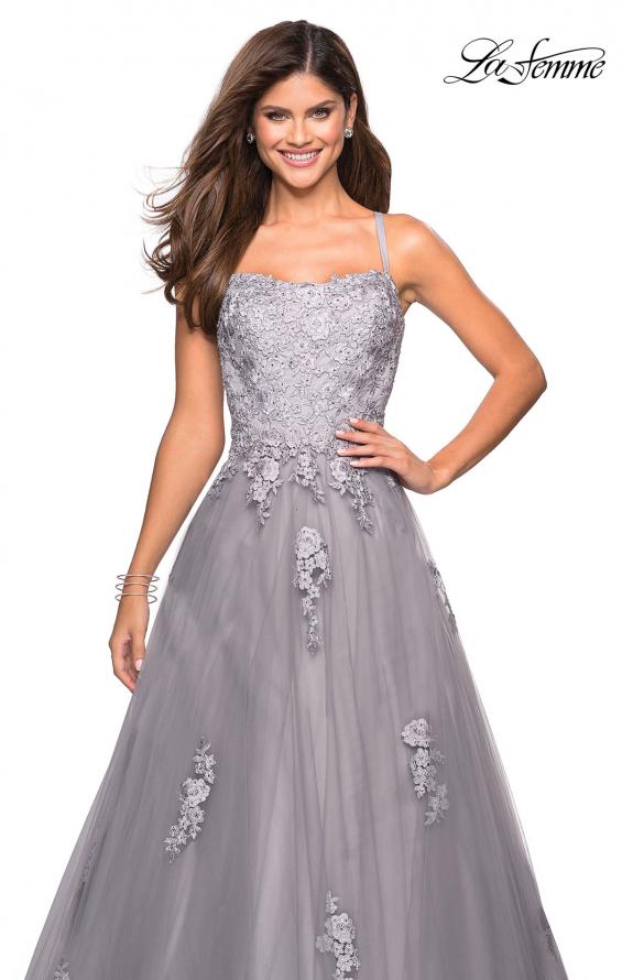 Picture of: Floor Length Tulle Ball Gown with Lace Accents in Silver, Style: 27441, Detail Picture 6