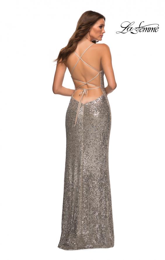 Picture of: Draped Slit Long Sequin Gown with Lace Up Back in Silver, Detail Picture 7