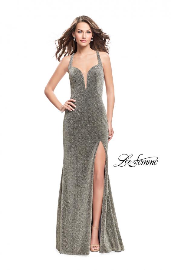 Picture of: Form Fitting Jersey Gown with Leg Slit and Open Back in Silver Gold, Style: 25901, Main Picture