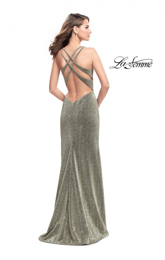 Picture of: Form Fitting Jersey Gown with Leg Slit and Open Back in Silver Gold, Style: 25901, Back Picture