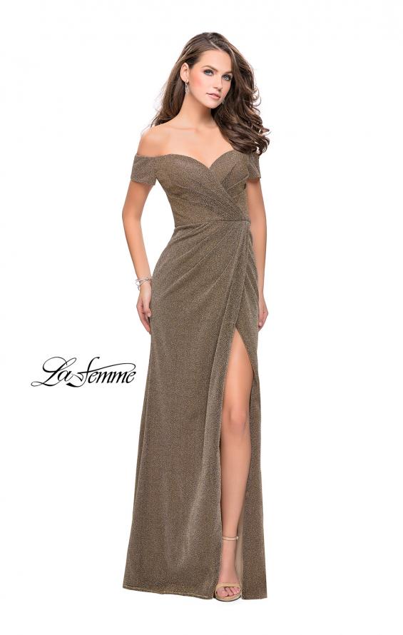 Picture of: Off the Shoulder Prom Dress with Wrap Side Leg Slit in Silver Gold, Style: 25955, Detail Picture 3