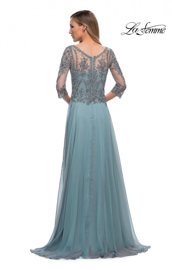 Picture of: Chiffon Dress with Sheer Lace Three-Quarter Sleeves in Slate Blue, Back Picture