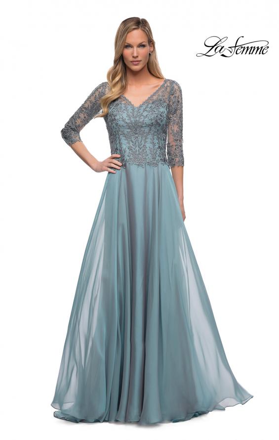 Picture of: Chiffon Dress with Sheer Lace Three-Quarter Sleeves in Slate Blue, Detail Picture 1