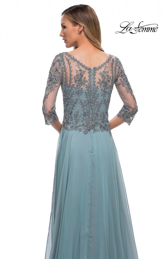 Picture of: Chiffon Dress with Sheer Lace Three-Quarter Sleeves in Slate Blue, Detail Picture 3