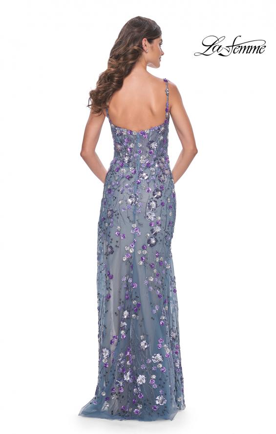 Picture of: Unique Sequin Floral Detail Gown with High Slit in Slate Blue, Style: 32163, Back Picture
