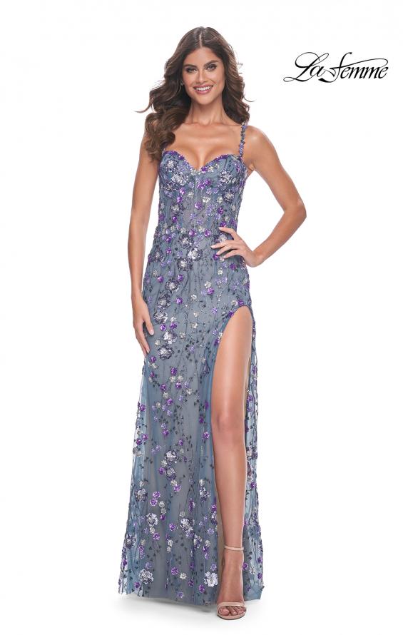Picture of: Unique Sequin Floral Detail Gown with High Slit in Slate Blue, Style: 32163, Detail Picture 1