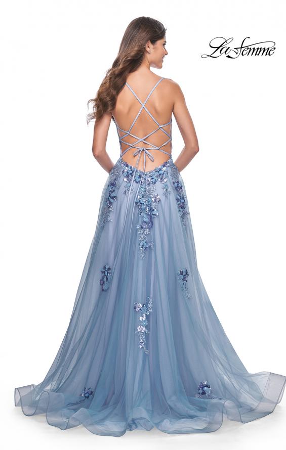 Picture of: Gorgeous Beaded Lace Applique Gown with Illusion Bodice in Slate Blue, Style: 32057, Detail Picture 4