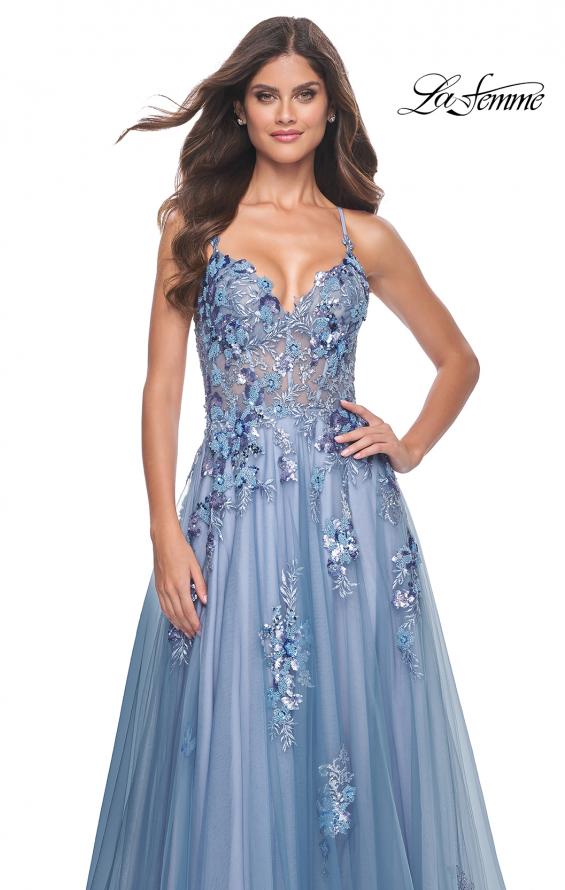 Picture of: Gorgeous Beaded Lace Applique Gown with Illusion Bodice in Slate Blue, Style: 32057, Detail Picture 5