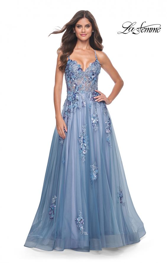 Picture of: Gorgeous Beaded Lace Applique Gown with Illusion Bodice in Slate Blue, Style: 32057, Detail Picture 7