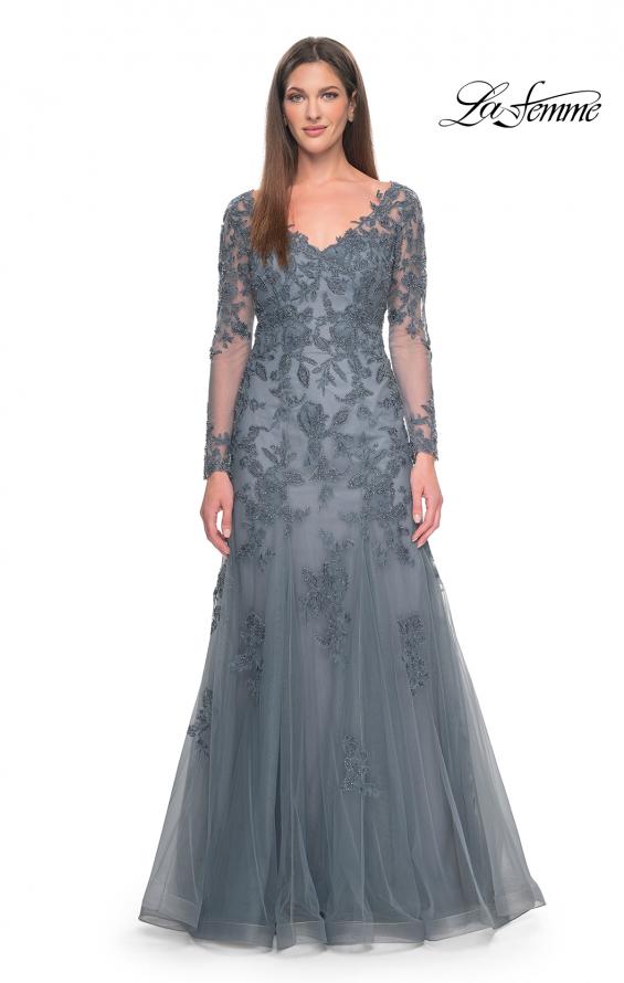 Picture of: Lace and Tulle A-Line Gown with Long Sleeves in Slate, Style: 31887, Main Picture
