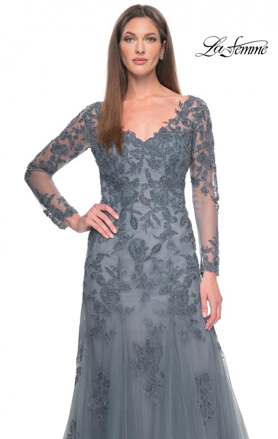 Picture of: Lace and Tulle A-Line Gown with Long Sleeves in Slate, Style: 31887, Detail Picture 1