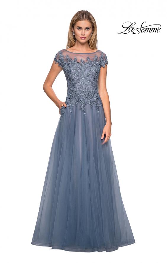 Picture of: Long Tulle Gown with Lace Bodice and Pockets in Smoky Blue, Style: 26893, Main Picture