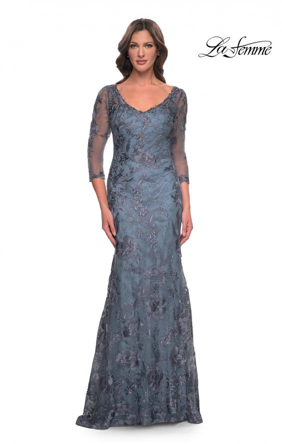 Picture of: Long Fitted Lace Dress with V Neckline and Sheer Sleeves in Smoky Blue, Style: 30130, Main Picture