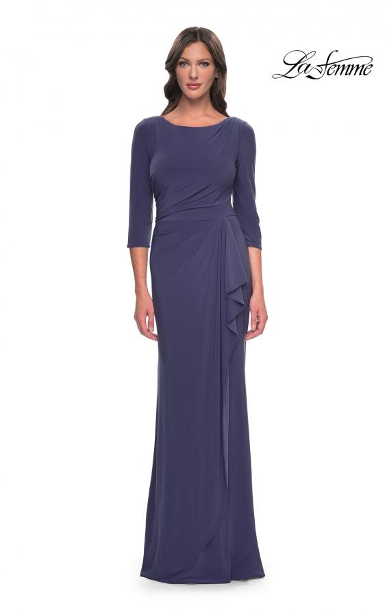 Picture of: Chic Jersey Evening Dress with Ruchign and Ruffle Skirt Detail in Smoky Blue, Style: 30814, Main Picture
