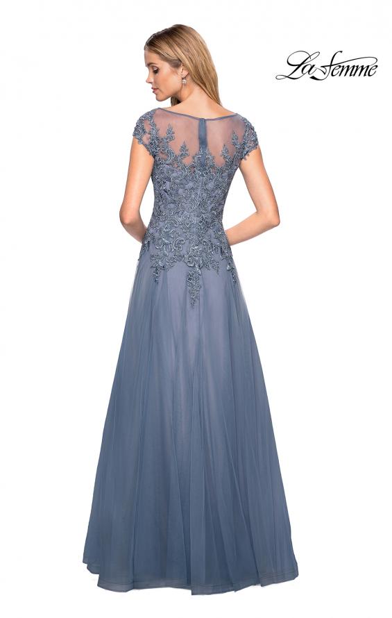 Picture of: Long Tulle Gown with Lace Bodice and Pockets in Smoky Blue, Style: 26893, Back Picture