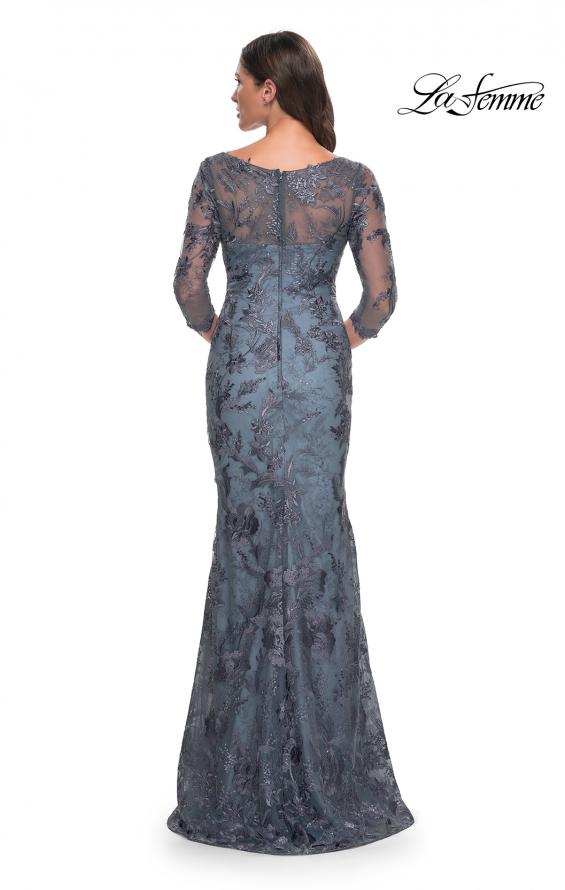 Picture of: Long Fitted Lace Dress with V Neckline and Sheer Sleeves in Smoky Blue, Style: 30130, Back Picture