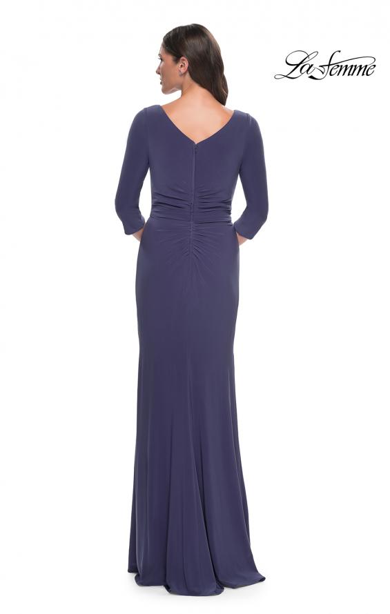 Picture of: Chic Jersey Evening Dress with Ruchign and Ruffle Skirt Detail in Smoky Blue, Style: 30814, Back Picture