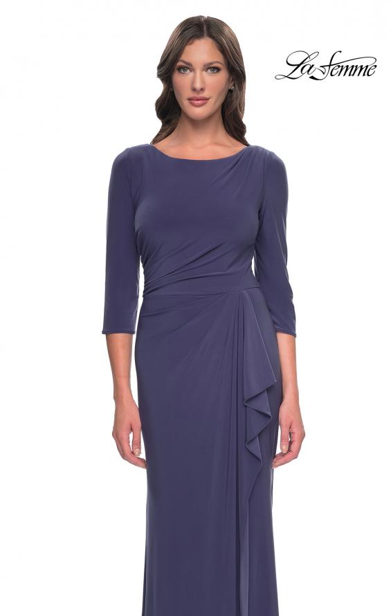 Picture of: Chic Jersey Evening Dress with Ruchign and Ruffle Skirt Detail in Smoky Blue, Style: 30814, Detail Picture 1