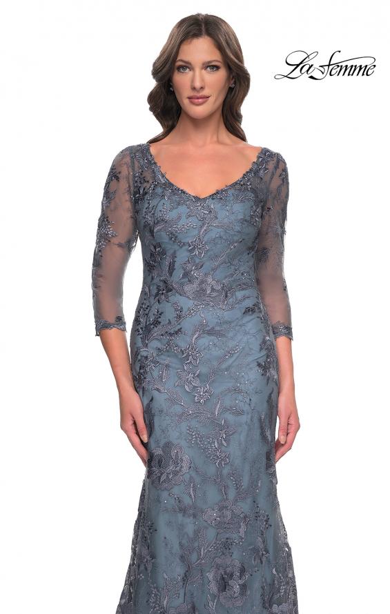 Picture of: Long Fitted Lace Dress with V Neckline and Sheer Sleeves in Smoky Blue, Style: 30130, Detail Picture 3