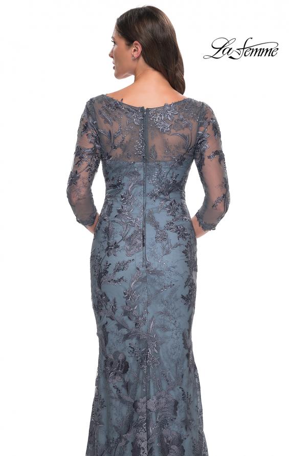 Picture of: Long Fitted Lace Dress with V Neckline and Sheer Sleeves in Smoky Blue, Style: 30130, Detail Picture 4