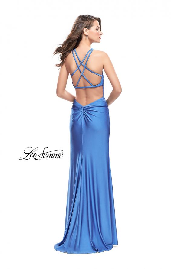 Picture of: High Neck Long Form Fitting Gown with Ruching in Smoky Blue, Style: 26141, Detail Picture 2