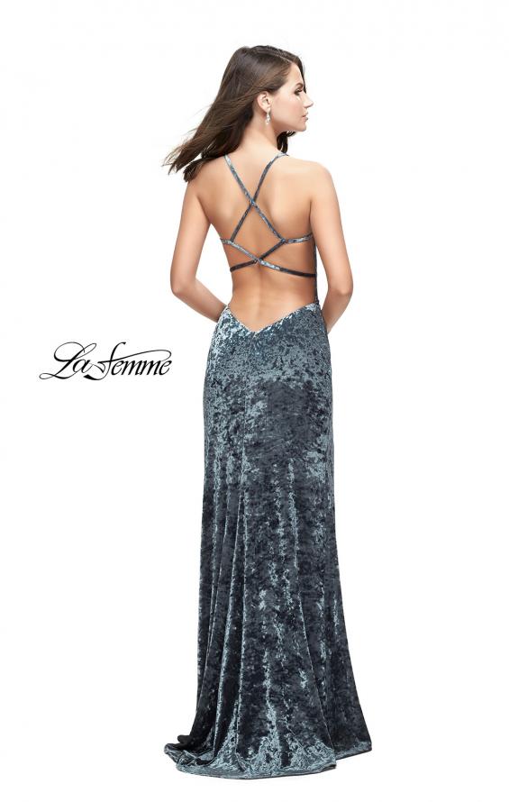 Picture of: Crushed Velvet Form Fitting Gown with Leg Slit and Open Back in Steel Gray, Style: 25659, Back Picture