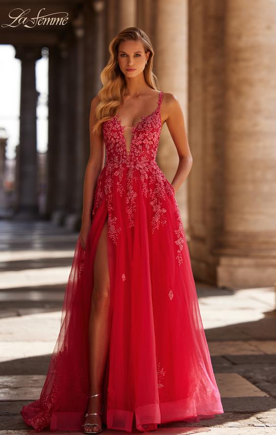 Picture of: Beautiful Lace Embellished A-Line Tulle Prom Dress with Deep V in Strawberry, Style: 32062, Main Picture