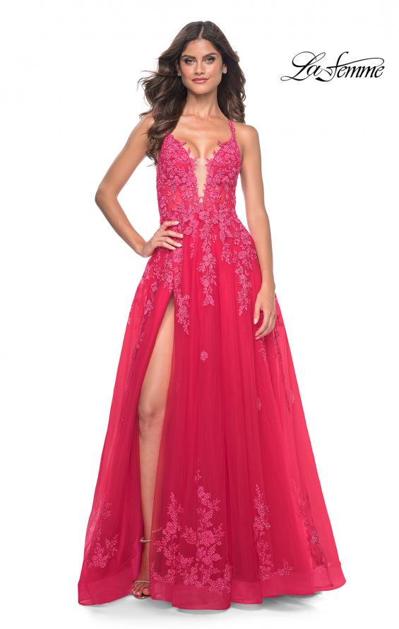 Picture of: Beautiful Lace Embellished A-Line Tulle Prom Dress with Deep V in Strawberry, Style: 32062, Detail Picture 8