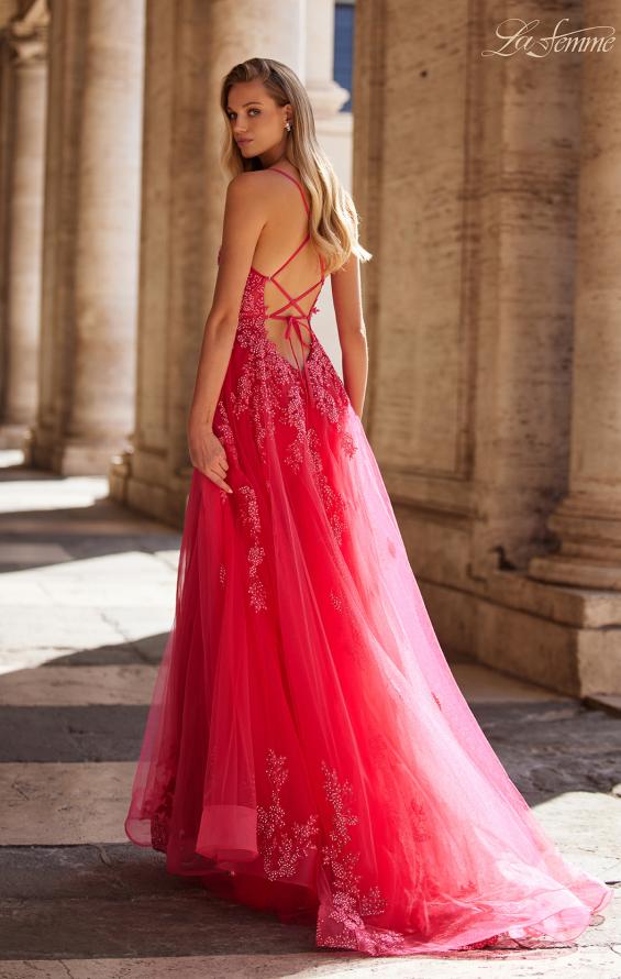 Picture of: Beautiful Lace Embellished A-Line Tulle Prom Dress with Deep V in Strawberry, Style: 32062, Back Picture