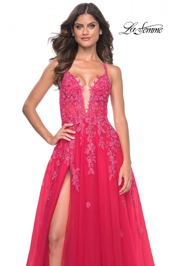 Picture of: Beautiful Lace Embellished A-Line Tulle Prom Dress with Deep V in Strawberry, Style: 32062, Detail Picture 18