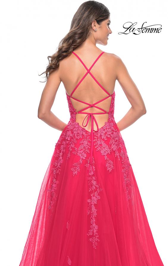 Picture of: Beautiful Lace Embellished A-Line Tulle Prom Dress with Deep V in Strawberry, Style: 32062, Detail Picture 19