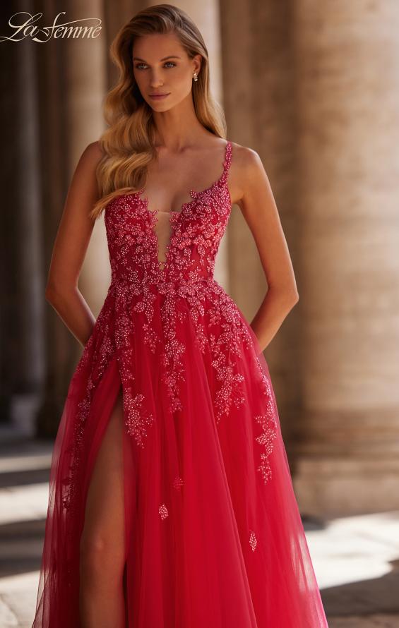 Picture of: Beautiful Lace Embellished A-Line Tulle Prom Dress with Deep V in Strawberry, Style: 32062, Detail Picture 1