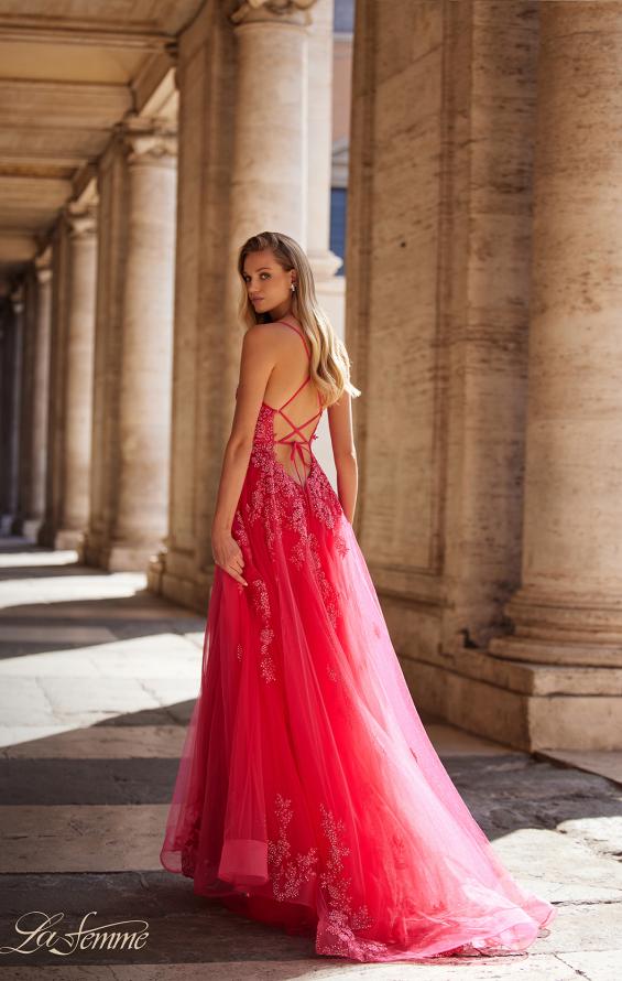 Picture of: Beautiful Lace Embellished A-Line Tulle Prom Dress with Deep V in Strawberry, Style: 32062, Detail Picture 3