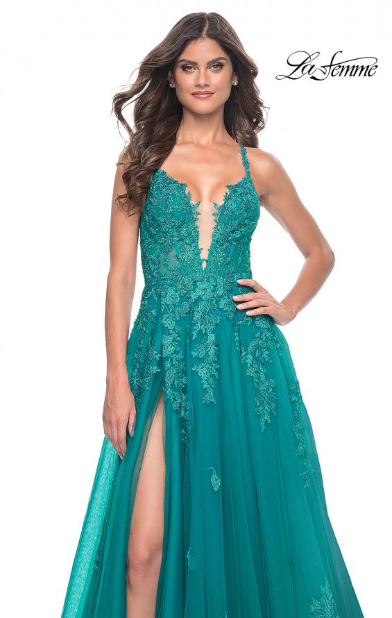 Picture of: Beautiful Lace Embellished A-Line Tulle Prom Dress with Deep V in Teal, Style: 32062, Detail Picture 10