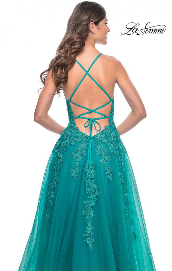 Picture of: Beautiful Lace Embellished A-Line Tulle Prom Dress with Deep V in Teal, Style: 32062, Detail Picture 11