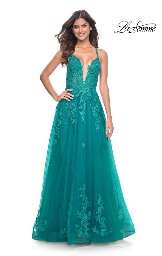 Picture of: Beautiful Lace Embellished A-Line Tulle Prom Dress with Deep V in Teal, Style: 32062, Detail Picture 12