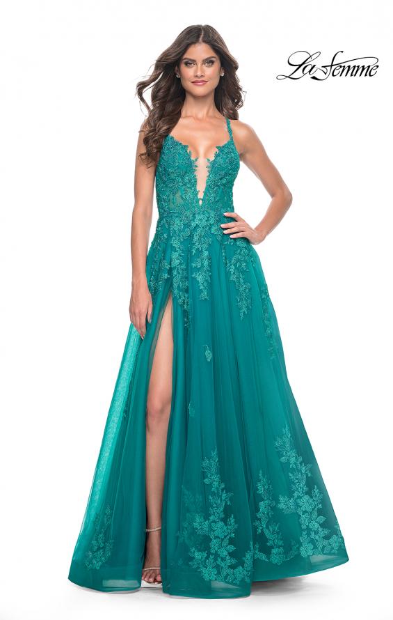 Picture of: Beautiful Lace Embellished A-Line Tulle Prom Dress with Deep V in Teal, Style: 32062, Detail Picture 4