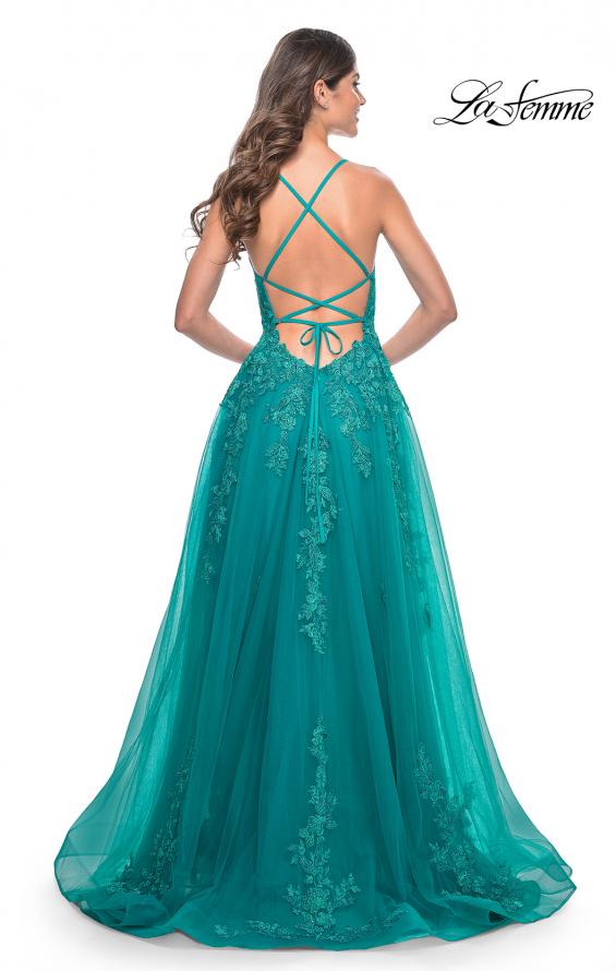 Picture of: Beautiful Lace Embellished A-Line Tulle Prom Dress with Deep V in Teal, Style: 32062, Detail Picture 5