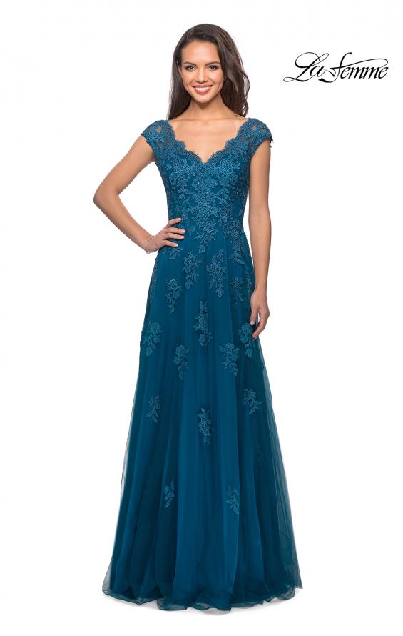 Picture of: Short Sleeve Lace Gown with Cascading Embellishments in Teal, Style: 26942, Detail Picture 5