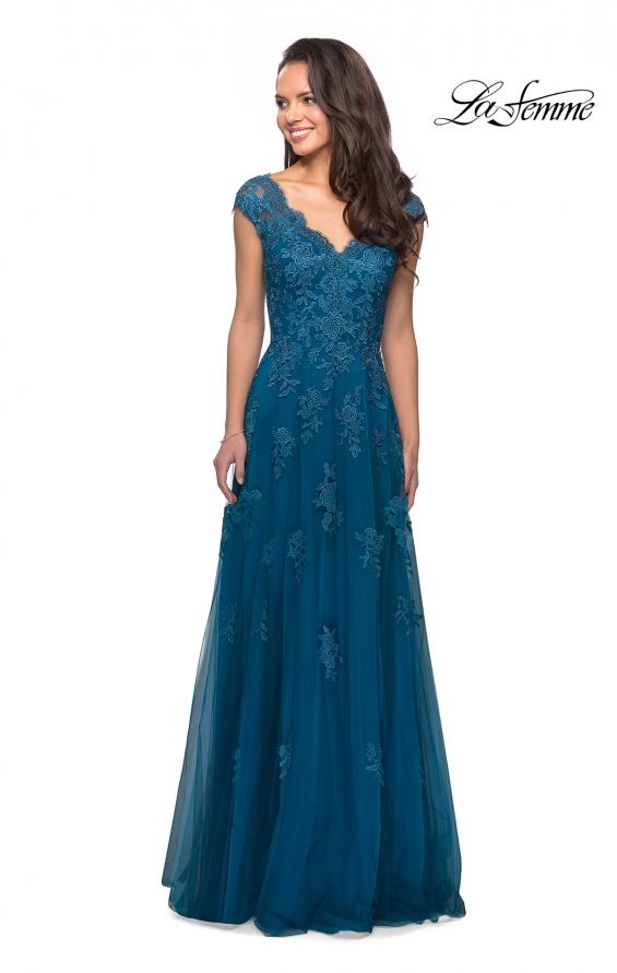 Picture of: Short Sleeve Lace Gown with Cascading Embellishments in Teal, Style: 26942, Detail Picture 7