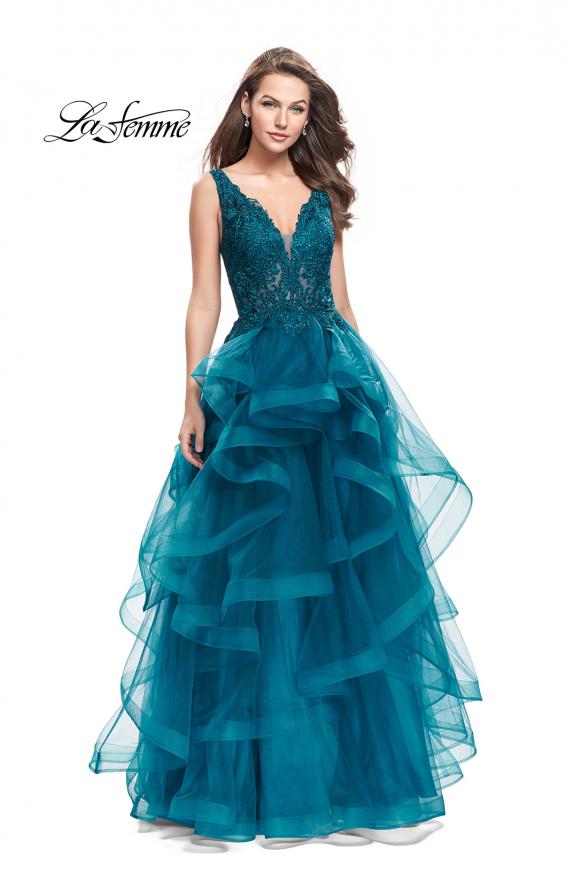 Picture of: Long Ball Gown with Cascading Ruffle Skirt and Lace in Teal, Style: 25982, Main Picture