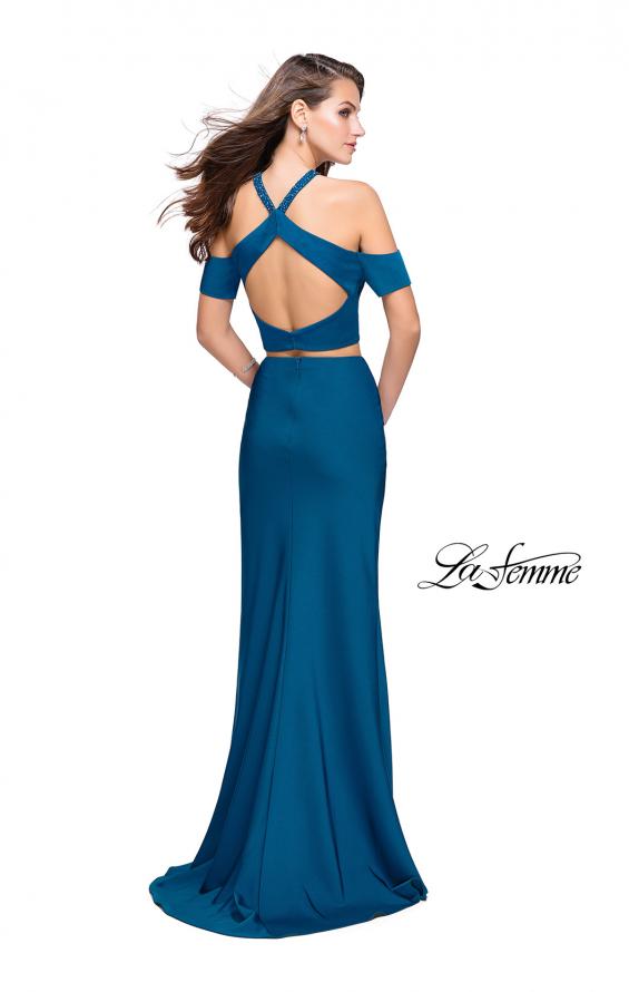 Picture of: Two Piece Long Prom Dress with Beaded Halter Top in Teal, Style: 25846, Back Picture
