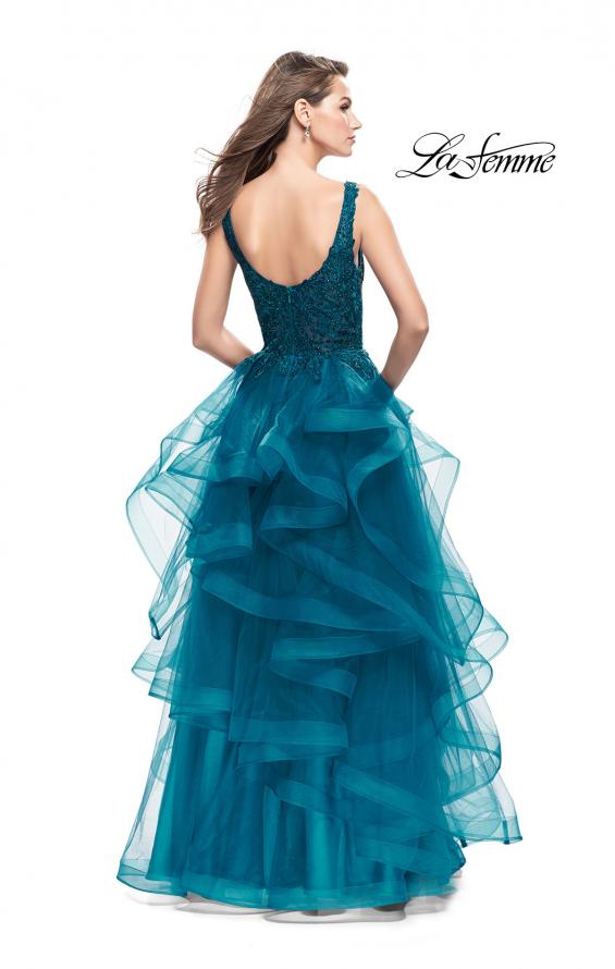 Picture of: Long Ball Gown with Cascading Ruffle Skirt and Lace in Teal, Style: 25982, Back Picture