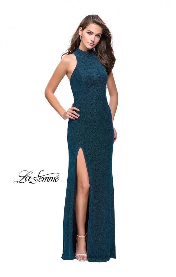 Picture of: Sparkly Jersey Long Dress with High Neckline and Front Slit in Teal, Style: 25404, Detail Picture 1