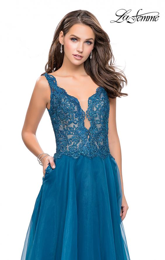 Picture of: Long A-line Prom Dress with Beaded Lace Bodice in Teal, Style: 25970, Detail Picture 1