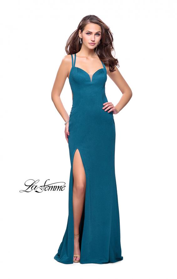 Picture of: Shimmering Prom Dress with Leg Slit and Open Back in Teal, Style: 26266, Detail Picture 1