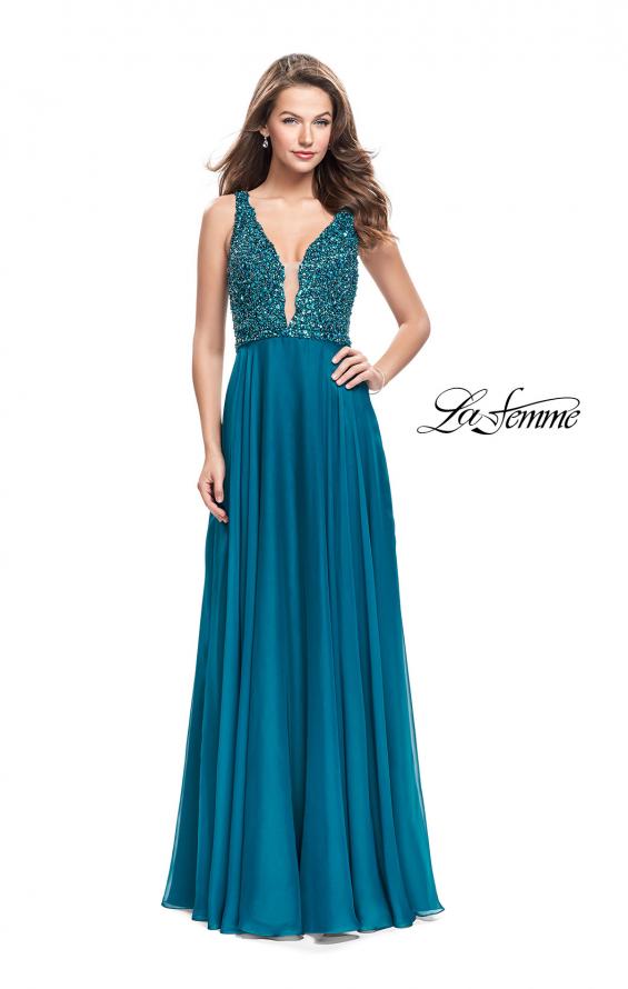 Picture of: A-Line Prom Gown with Chiffon Skirt and Beaded Bodice in Teal, Style: 26053, Detail Picture 2