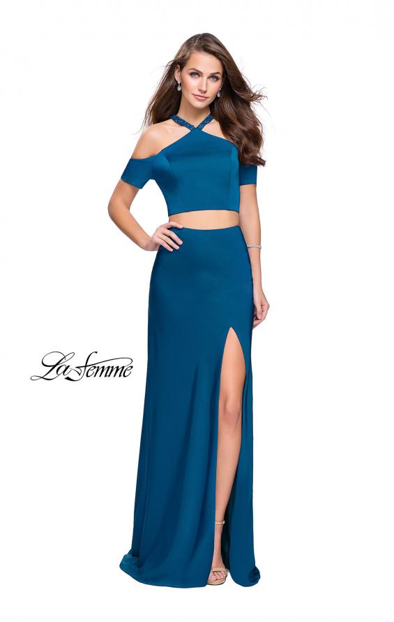 Picture of: Two Piece Long Prom Dress with Beaded Halter Top in Teal, Style: 25846, Detail Picture 3